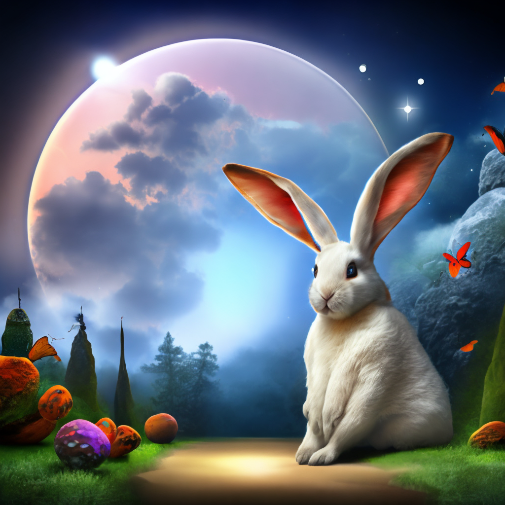 A beautiful realistic cute rabbit in a fantasy world with butterflies and a big bright moon