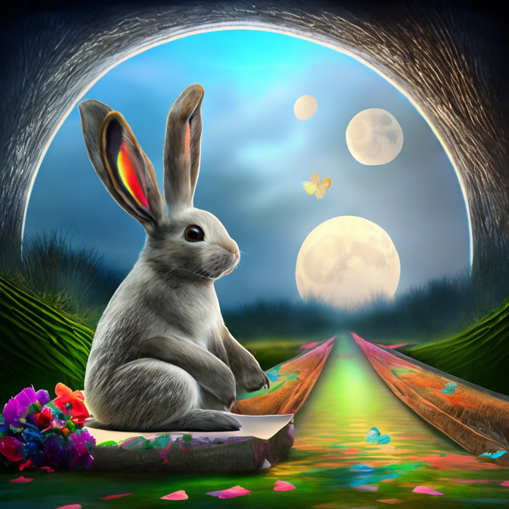 A beautiful realistic cute rabbit in a fantasy world with butterflies and a big bright moon