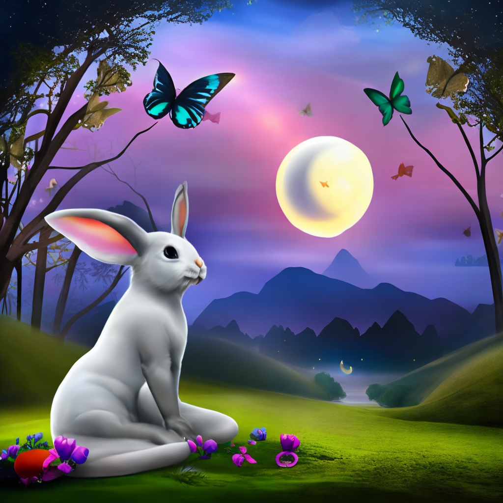 A beautiful realistic cute rabbit in a fantasy world with butterflies and a big bright moon