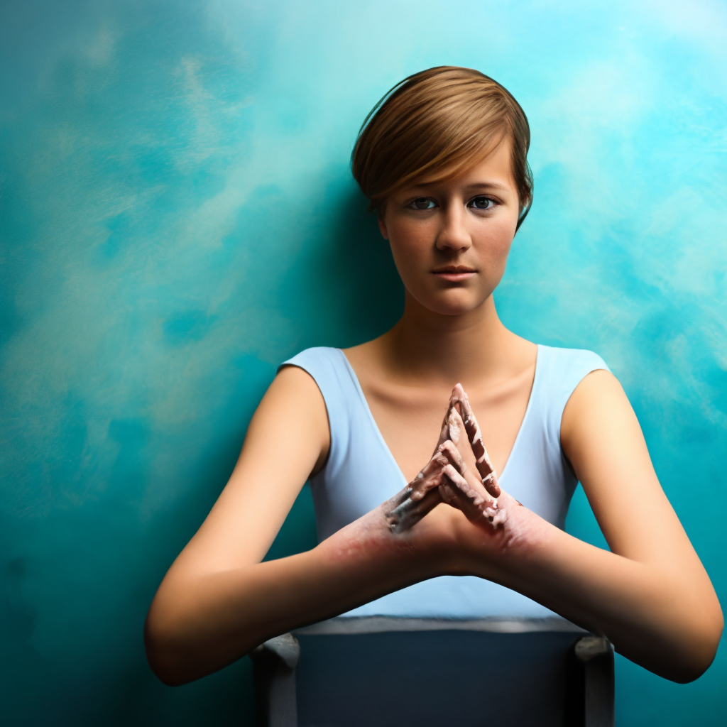 Young woman's pale blue hand