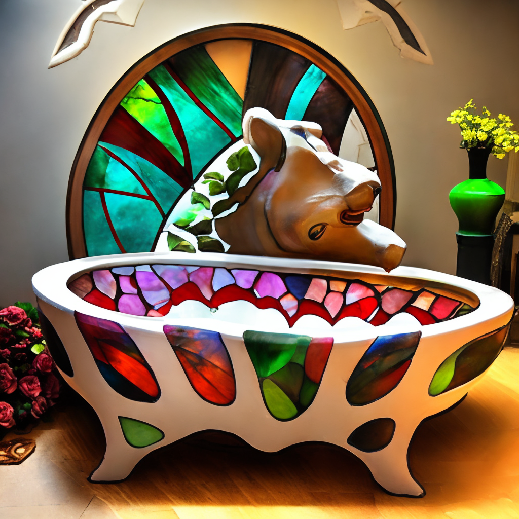 stunning cinematic masterpiece, stained glass bear claw tub, stained glass rose