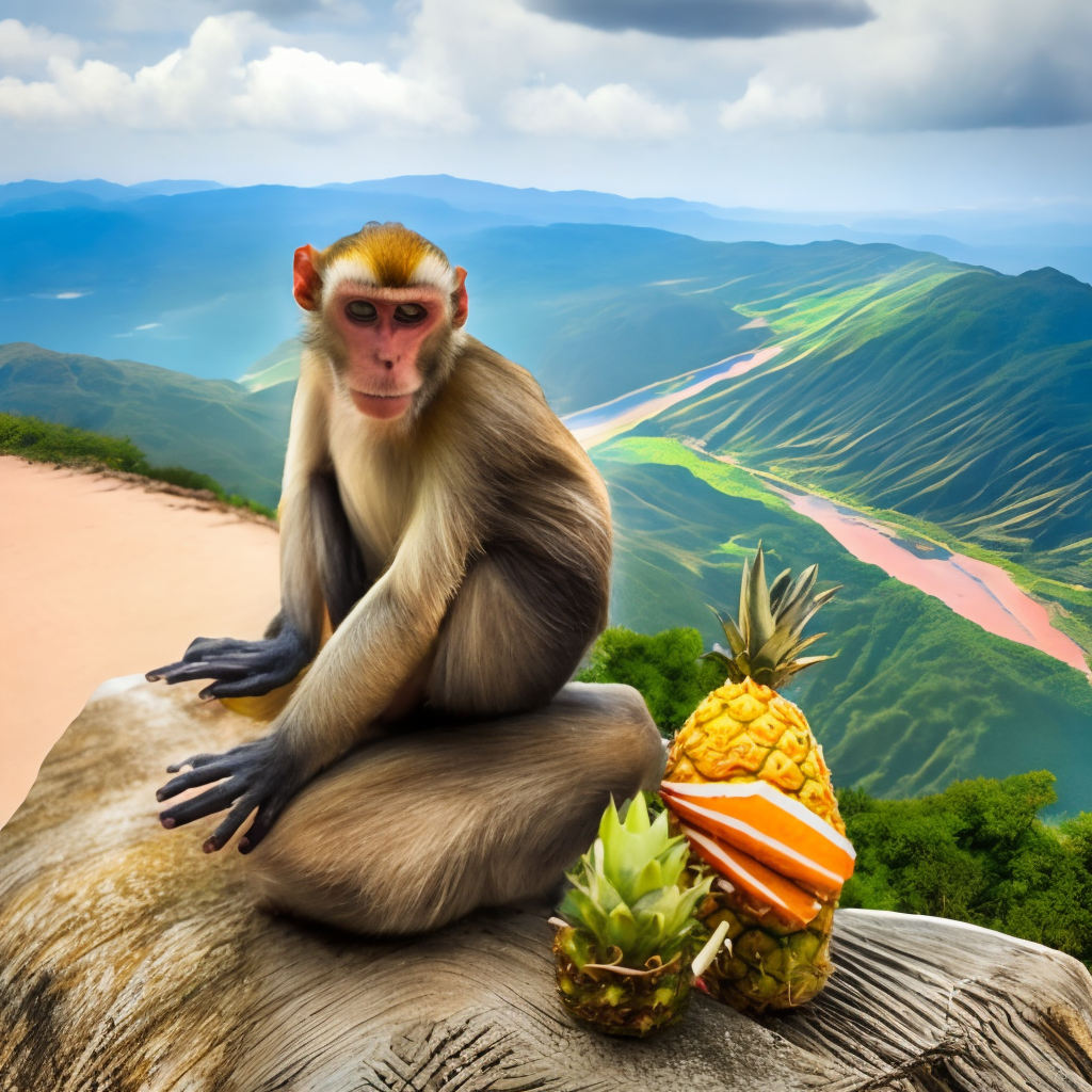 A monkey sitting on mountain eating pineapple