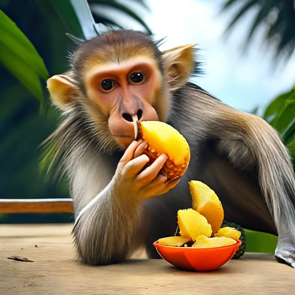 A monkey eating pineapple