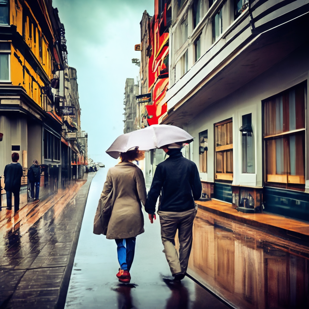 a couple walking in the rain