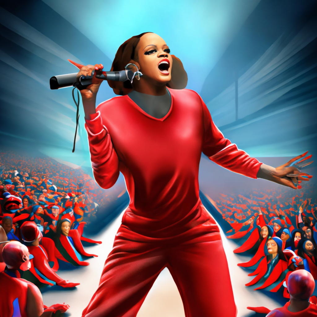 Realistic image of Rihanna in a red jumpsuit singing at the NFL