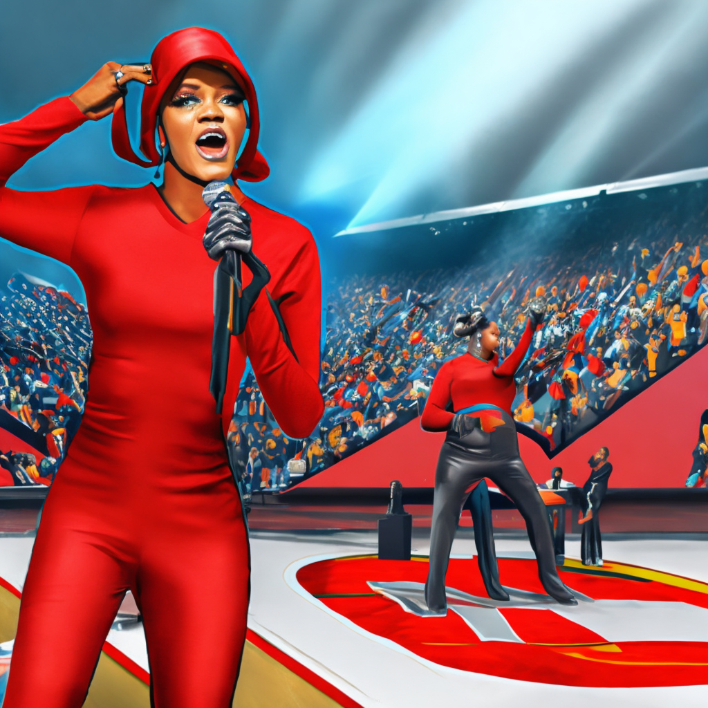 Realistic image of Rihanna in a red jumpsuit singing at the NFL