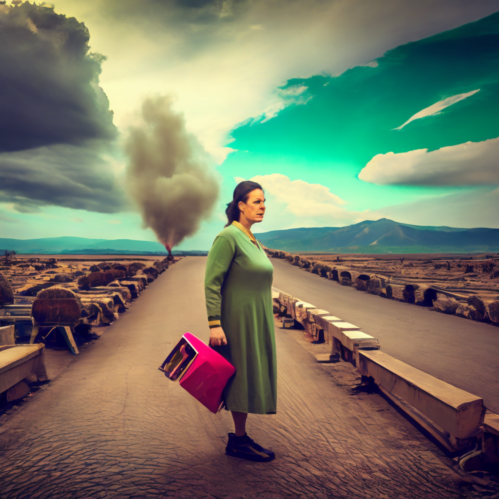 Una Mujer sobreviviendo en un paisaje post nuclear