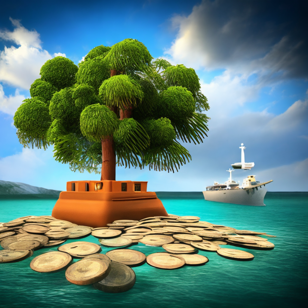 A tree of money on an island floating like a pirate ship. Turn it into a pirate ship