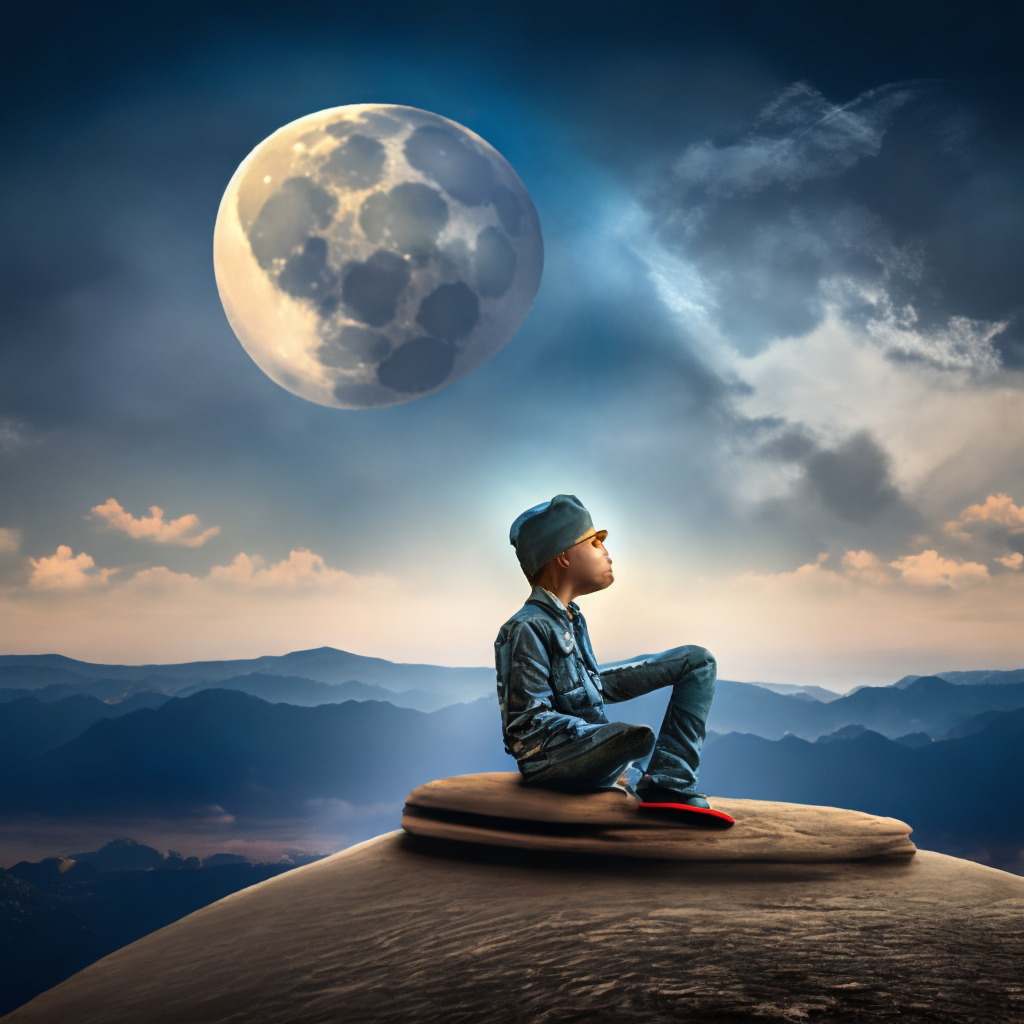 A stylish boy sitting on the top of mountain and watching the moon in dark night