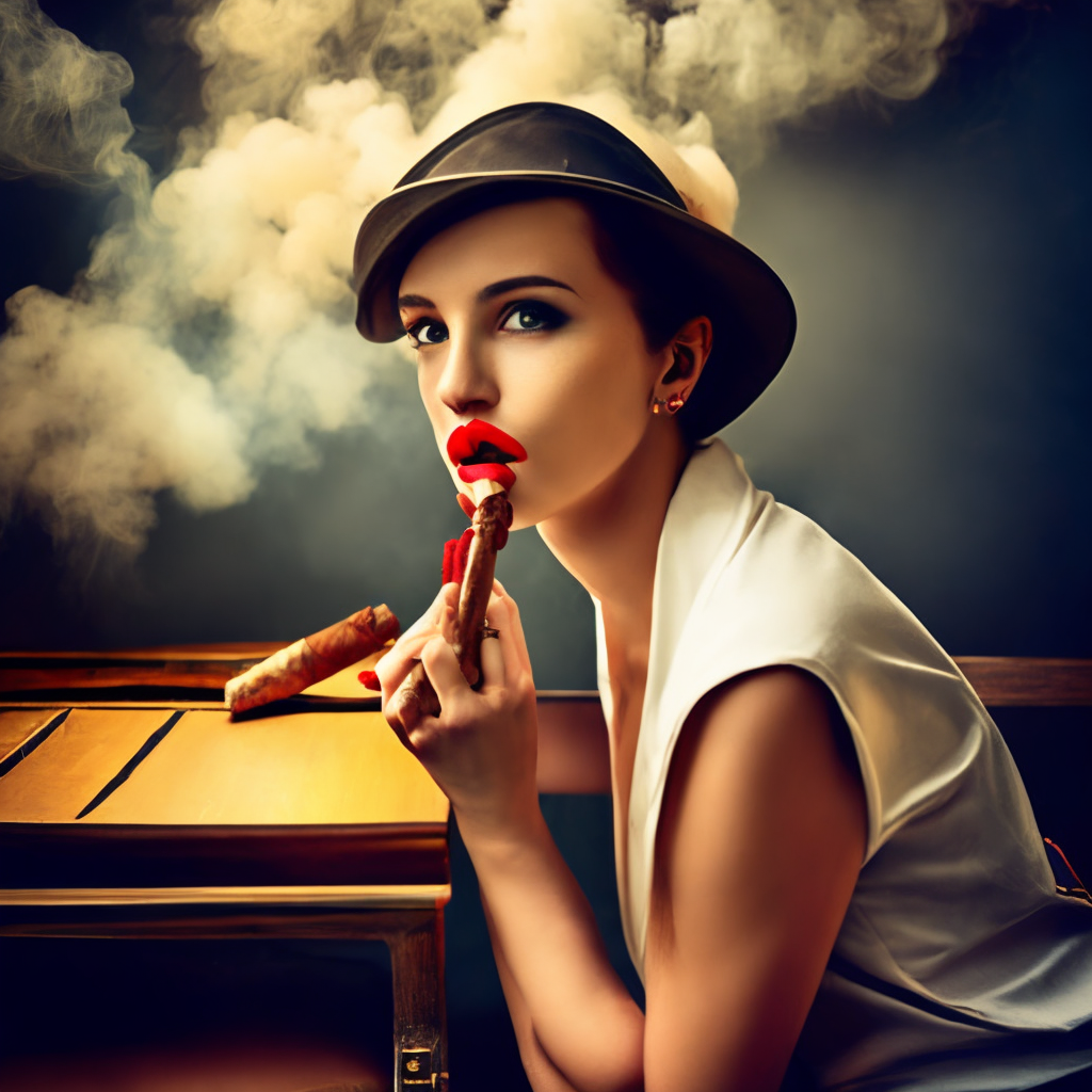A girl with red lipstick smoking a cigar