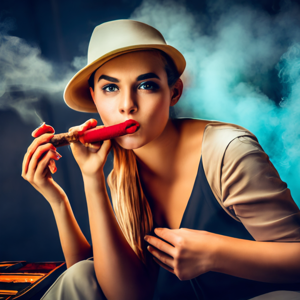 A girl with red lipstick smoking a cigar
