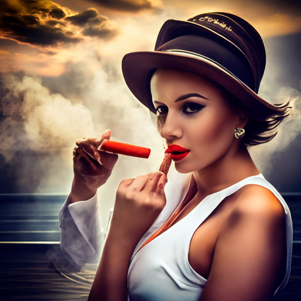 A girl with red lipstick smoking a cigar