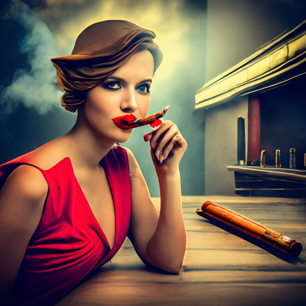 A girl with red lipstick smoking a cigar