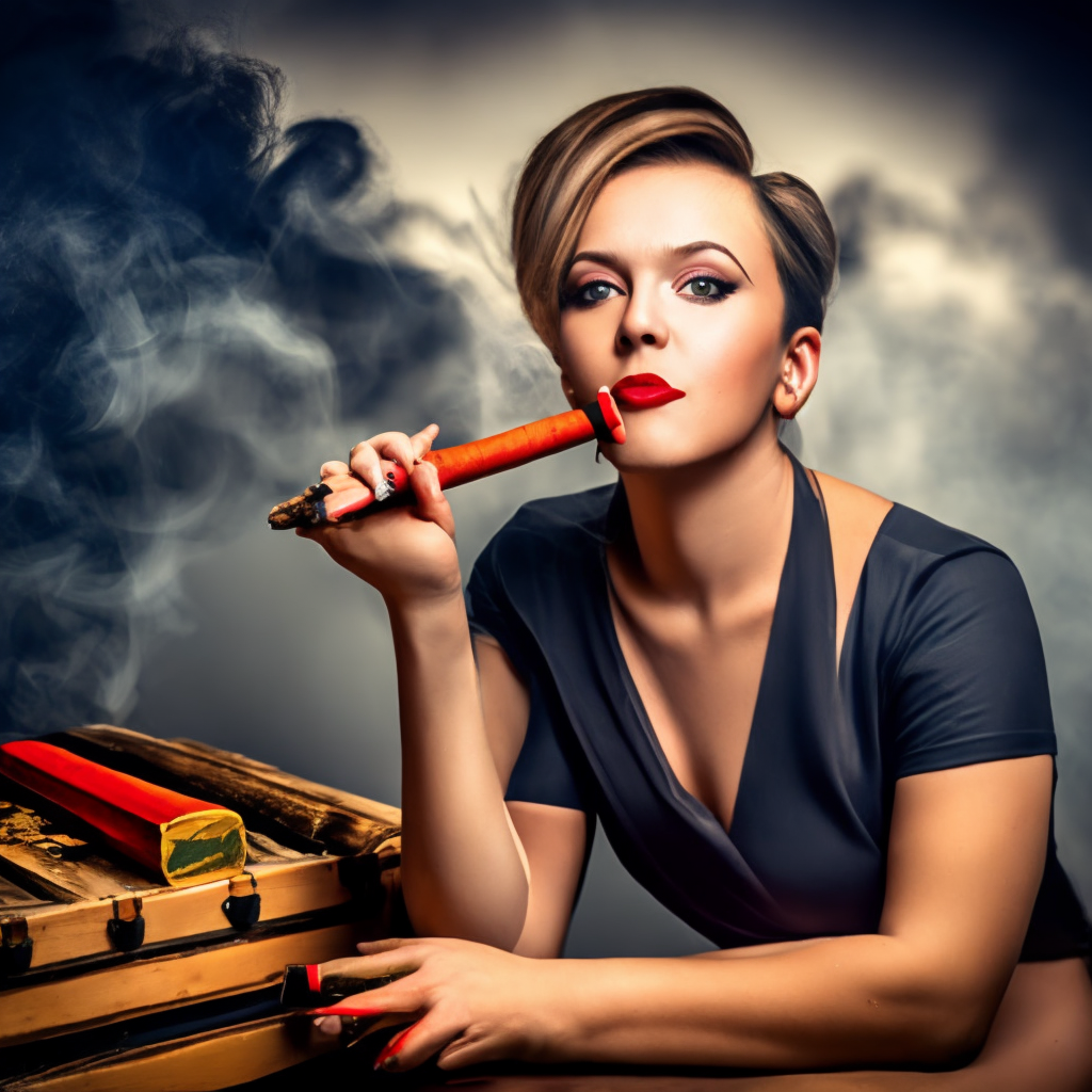 A girl with red lipstick smoking a cigar