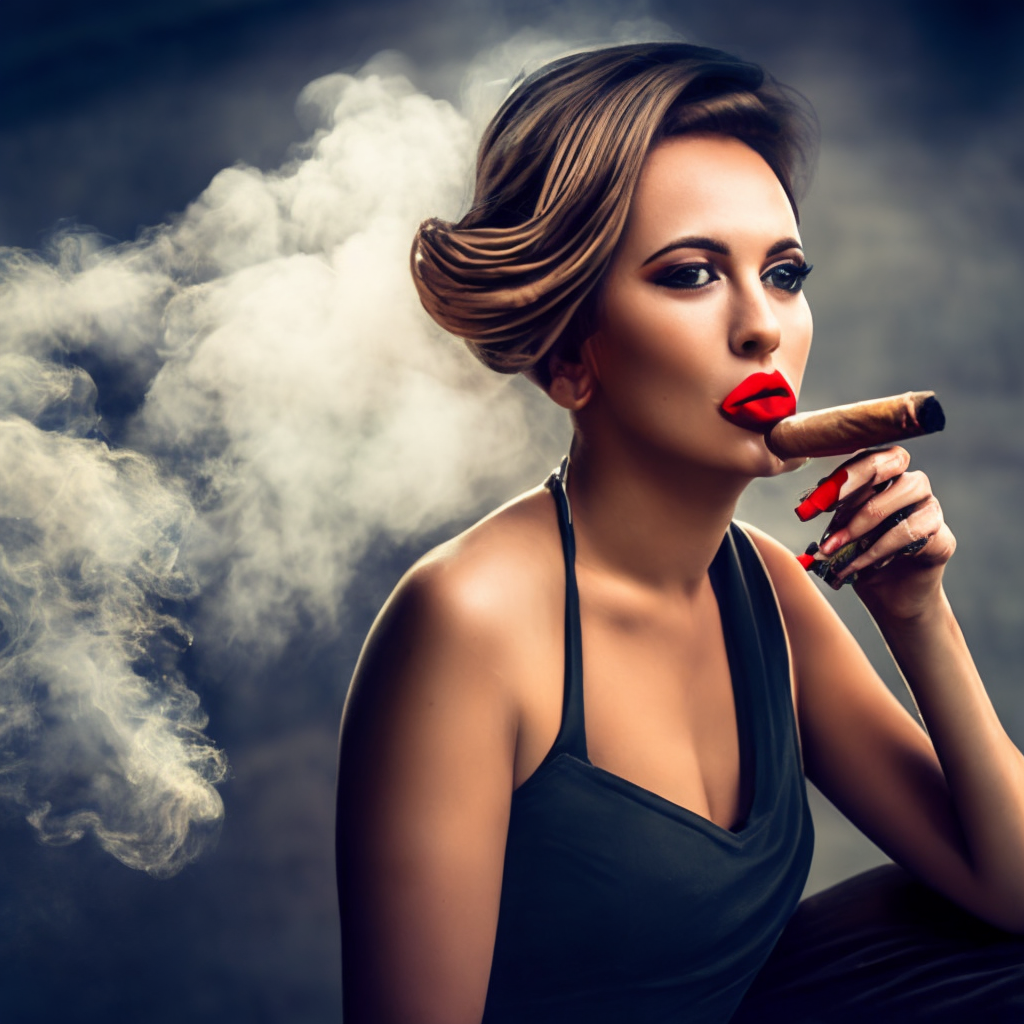 A girl with red lipstick smoking a cigar