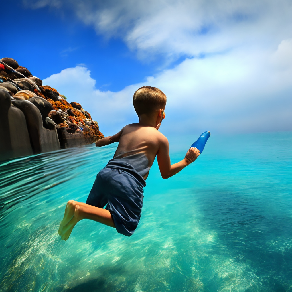 A little boy dives into the blue water
