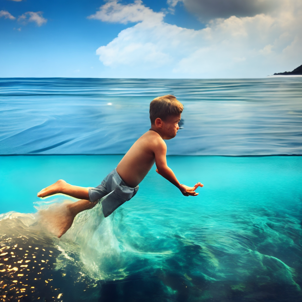 A little boy dives into the blue water