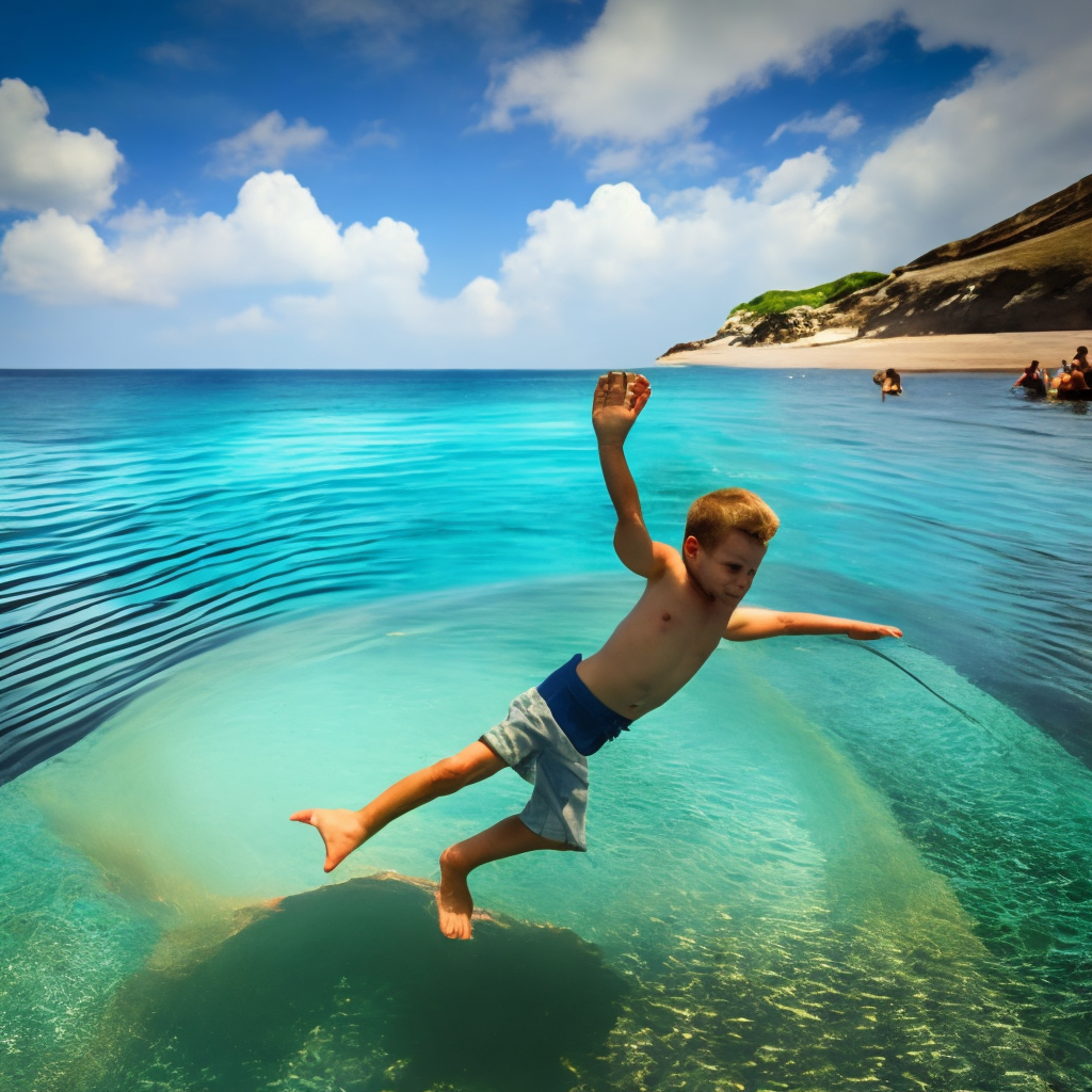 A little boy dives into the blue water
