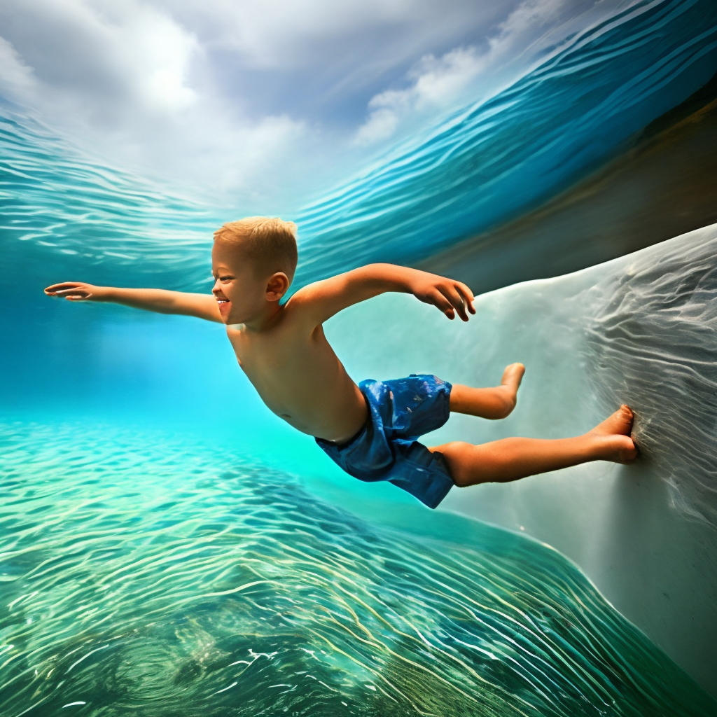A little boy dives into the blue water