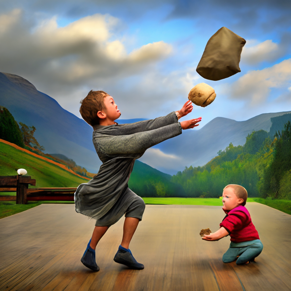 The child tosses the haggis wagi up and catches it 
