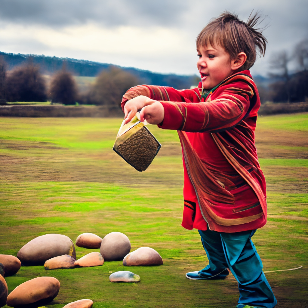 The child tosses the haggis wagi up and catches it 