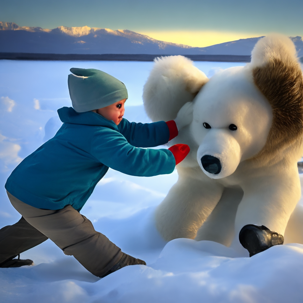 The child tosses the white bear 
up and catches it. 