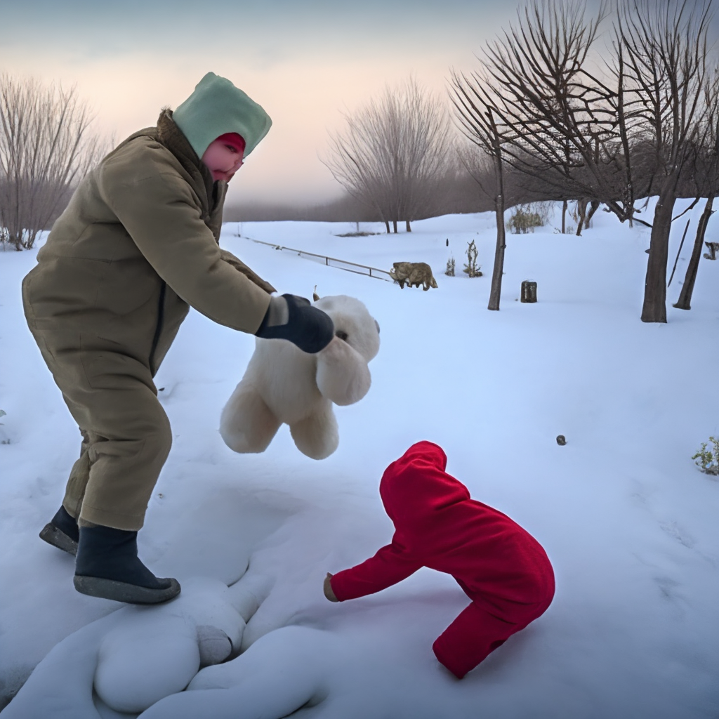 The child tosses the white bear 
up and catches it. 