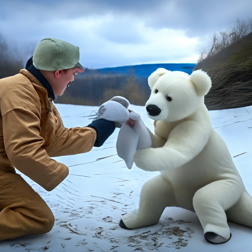 The child tosses the white bear 
up and catches it. 