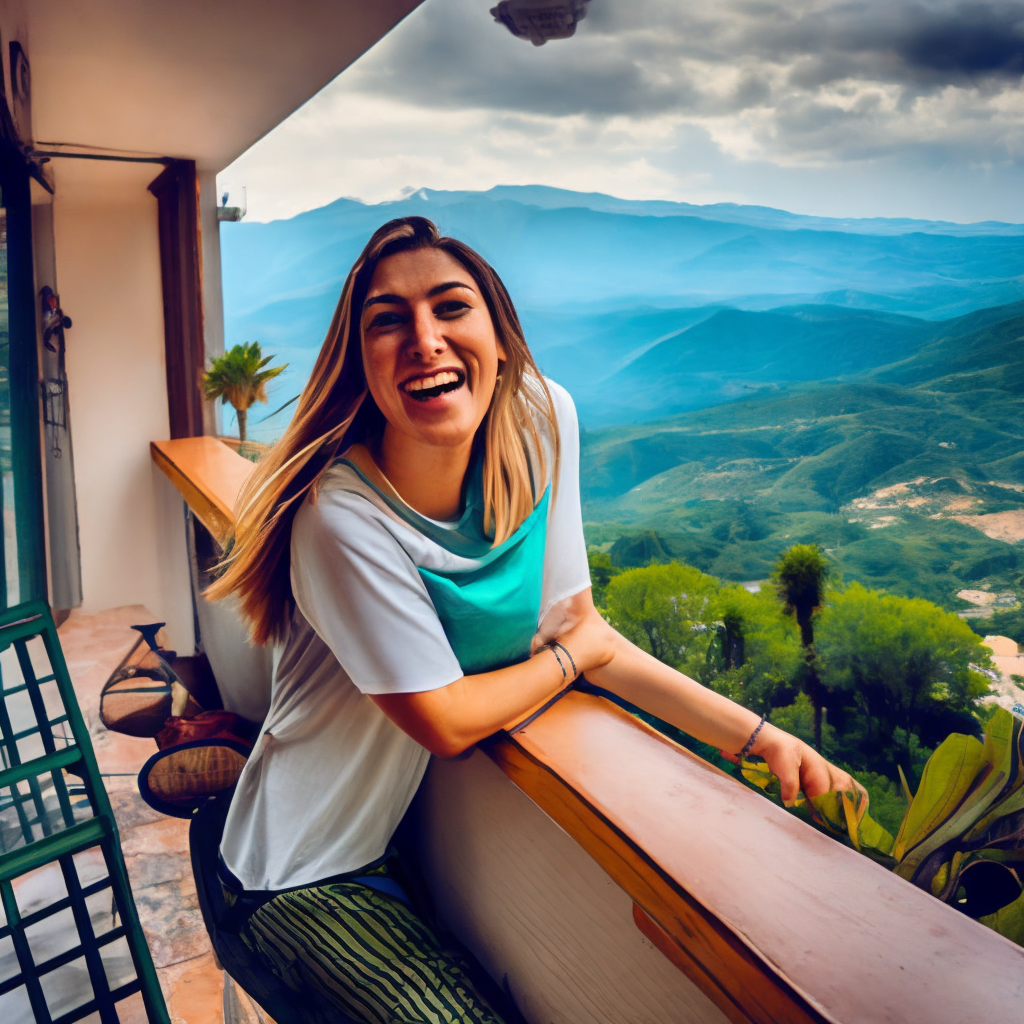 una joven riendo en un balcon con vista a la sierra