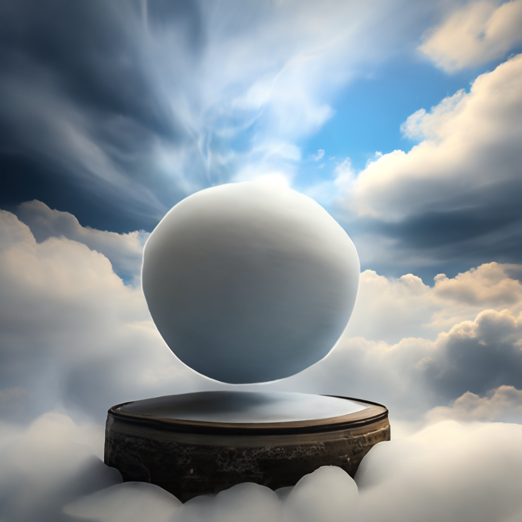 sphere made of dry ice, flying through sky