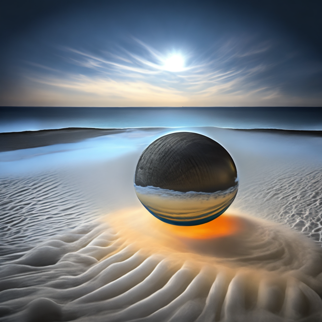 sphere made of dry ice at night, hovering over ocean