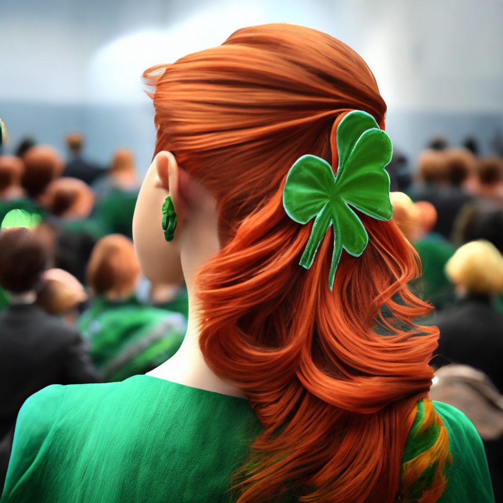 The apparition’s vermillion hair was ornamented with a shamrock, a hue of green that matched her dress.