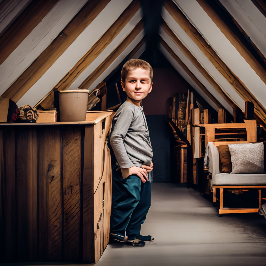 terminally ill boy with frightened smile, standing in attic
