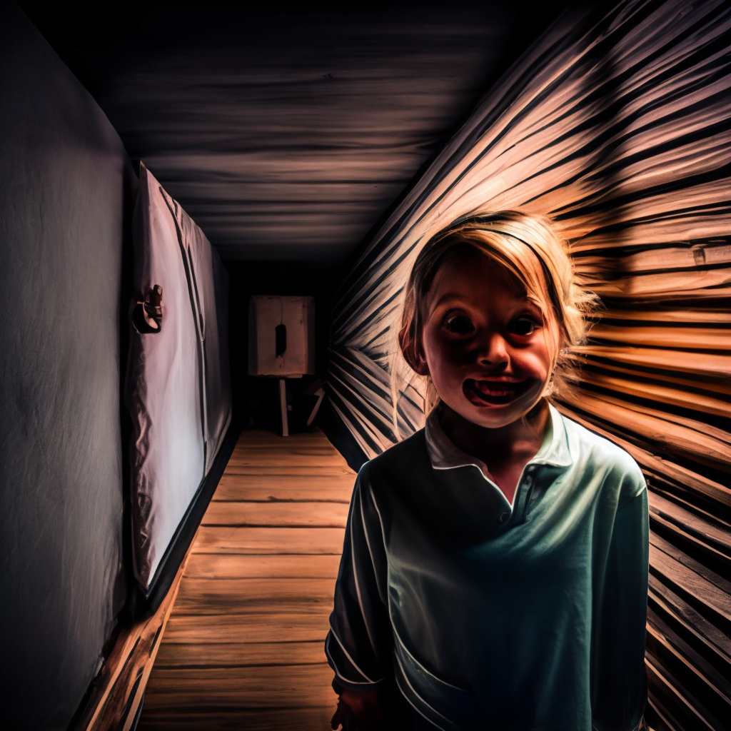 little girl with grown man's face in dark attic