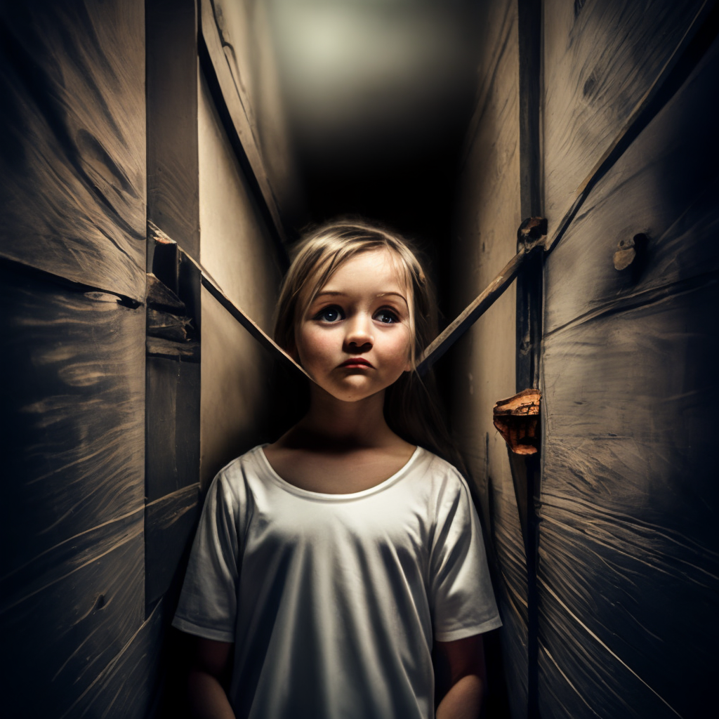 little girl with man face in dark attic
