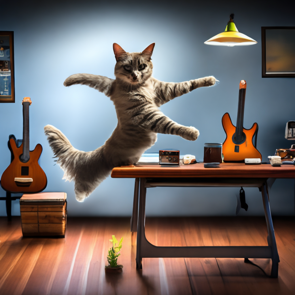 A cat dancing on the table with the help of a devil's tail. add a devil's tail