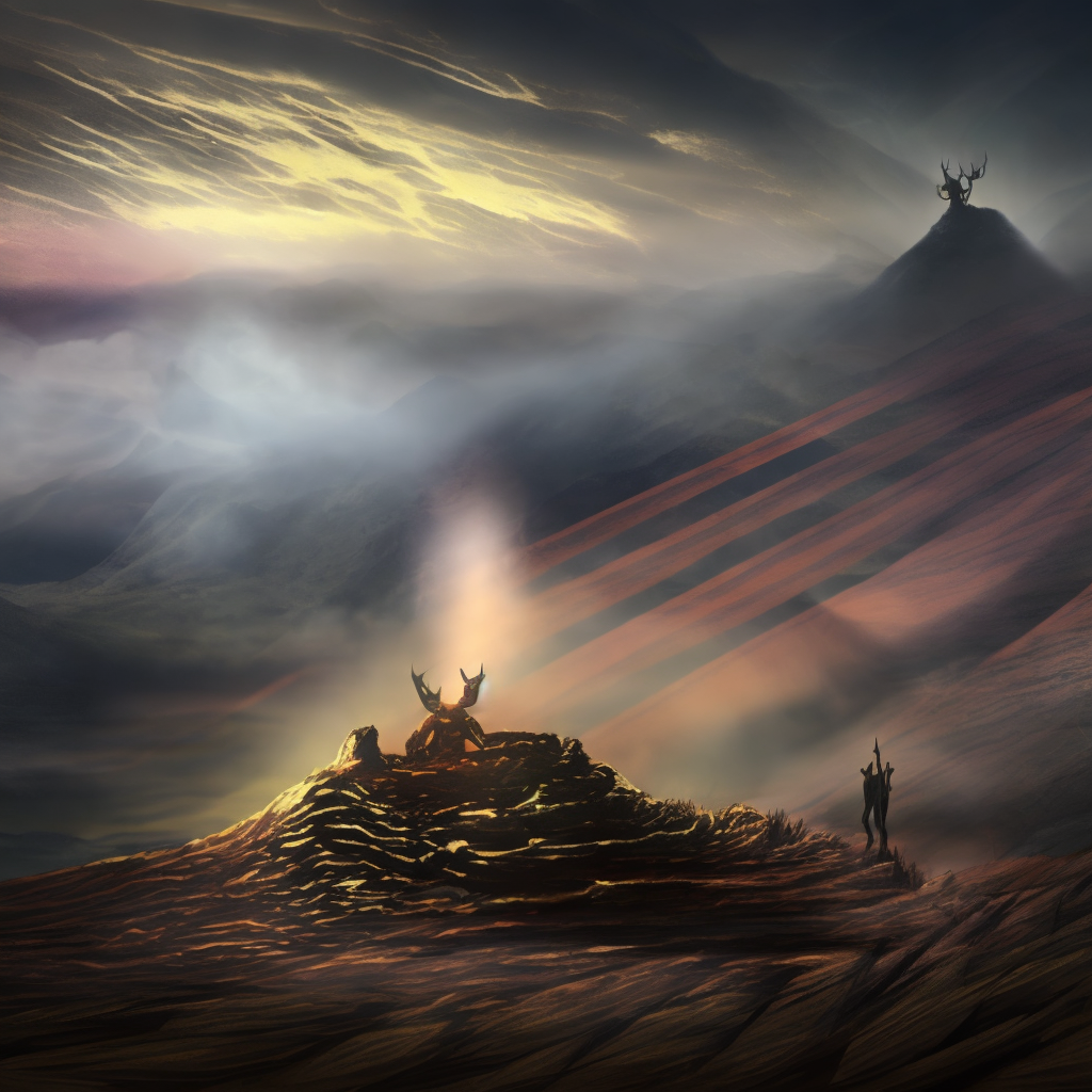 A Teufelhunden standing on a mountaintop, with a massive 20-point rack of flames rising behind it. The lighting is dim, casting long shadows across the landscape. The creature looks stoic and powerful, as if surveying its domain. The vapors and smoke from the flames create an eerie and unsettling atmosphere. A digital painting created by Greg Rutkowski, using a dark and moody color palette. The image is haunting and unforgettable, leaving a lasting impression on those who view it. 