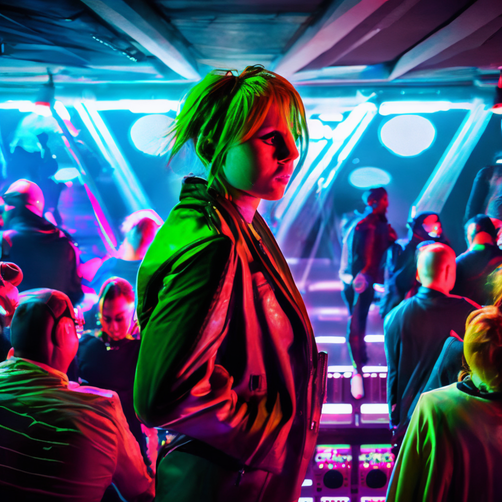 A female cyberpunk DJ with no headphones in a dimly lit underground club, surrounded by high-tech equipment and walls lined with glowing circuit patterns. She wears a leather jacket adorned with glowing neon accents, and her hair is styled in a bold, futuristic cut. The dance floor below is crowded with people wearing various cyberpunk attire, and the air is thick with the scent of smoke and sweat. / The club is located deep underground, accessible only by a hidden entrance in a back alley. The walls are made of rough concrete, with pipes and wires exposed, and the lighting is dim, with just enough illumination to make out the details of the high-tech equipment. / The atmosphere is intense, with the music pumping and the crowd moving in sync. The DJ's energy is palpable, and she commands attention with every movement. Her music is a mix of heavy bass and glitchy, futuristic sounds that keep the crowd on their feet. / Artwork with a cyberpunk aesthetic, featuring a high level of detail and bold, neon colors. The DJ is shown in a powerful stance, with her arms outstretched and her face illuminated by the glow of the equipment around her. The crowd is depicted in a blur of motion, with various cyberpunk details visible in their clothing and accessories.