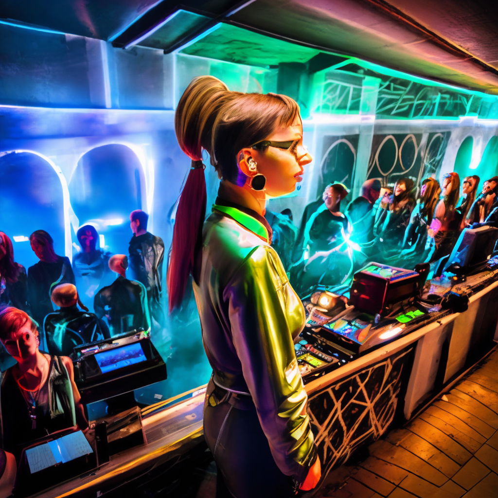 A female cyberpunk DJ with no headphones in a dimly lit underground club, surrounded by high-tech equipment and walls lined with glowing circuit patterns. She wears a leather jacket adorned with glowing neon accents, and her hair is styled in a bold, futuristic cut. The dance floor below is crowded with people wearing various cyberpunk attire, and the air is thick with the scent of smoke and sweat. / The club is located deep underground, accessible only by a hidden entrance in a back alley. The walls are made of rough concrete, with pipes and wires exposed, and the lighting is dim, with just enough illumination to make out the details of the high-tech equipment. / The atmosphere is intense, with the music pumping and the crowd moving in sync. The DJ's energy is palpable, and she commands attention with every movement. Her music is a mix of heavy bass and glitchy, futuristic sounds that keep the crowd on their feet. / Artwork with a cyberpunk aesthetic, featuring a high level of detail and bold, neon colors. The DJ is shown in a powerful stance, with her arms outstretched and her face illuminated by the glow of the equipment around her. The crowd is depicted in a blur of motion, with various cyberpunk details visible in their clothing and accessories.