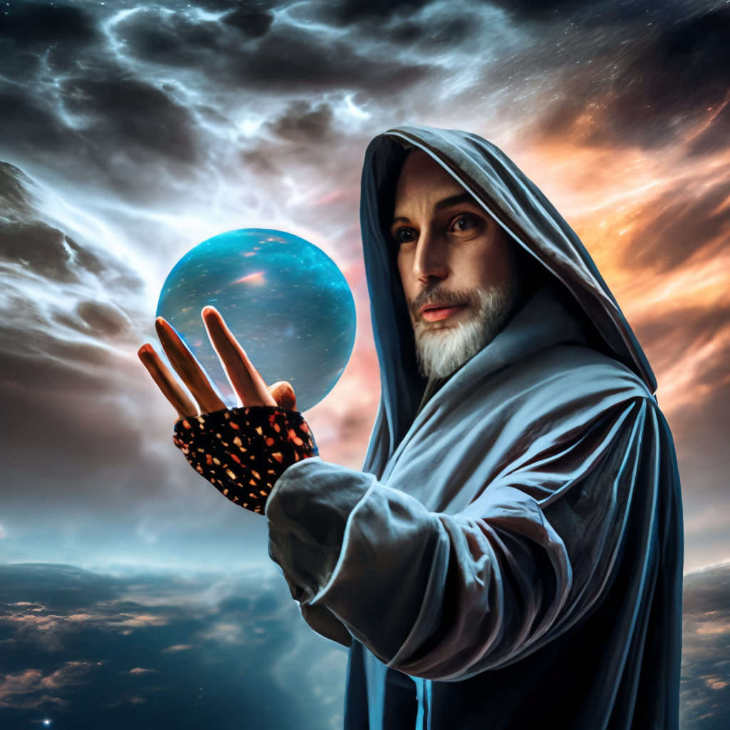 “hooded bearded man holding a planet in his hand, cosmic star dust, galactic, uhd, hdr, 8k, maximalist