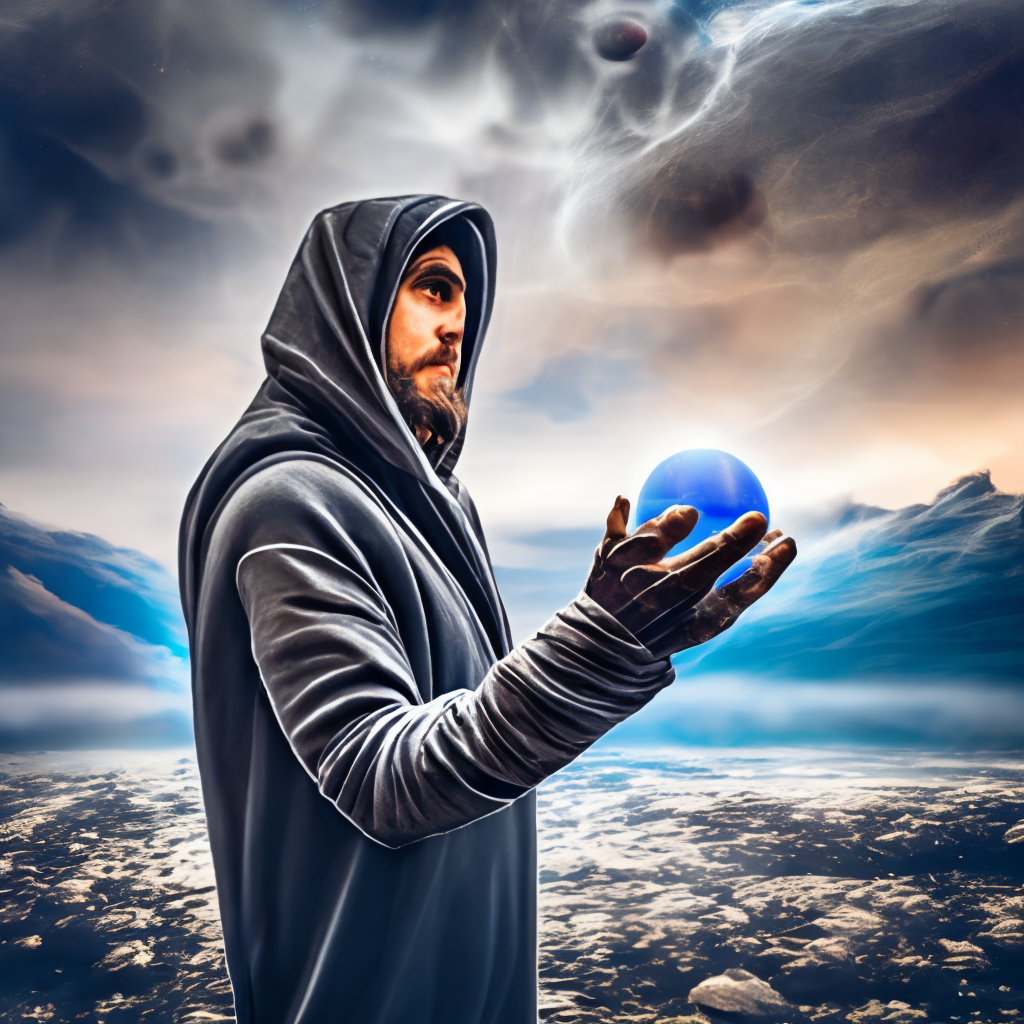 hooded bearded man holding a planet in his hand, cosmic star dust, galactic, uhd, hdr, 8k, maximalist