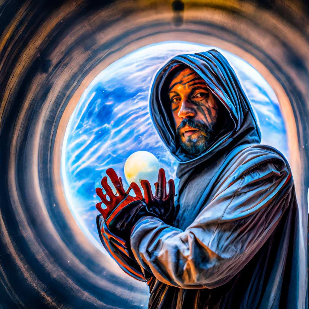 hooded bearded man holding a planet in his hand, cosmic star dust, galactic, uhd, hdr, 8k, maximalist