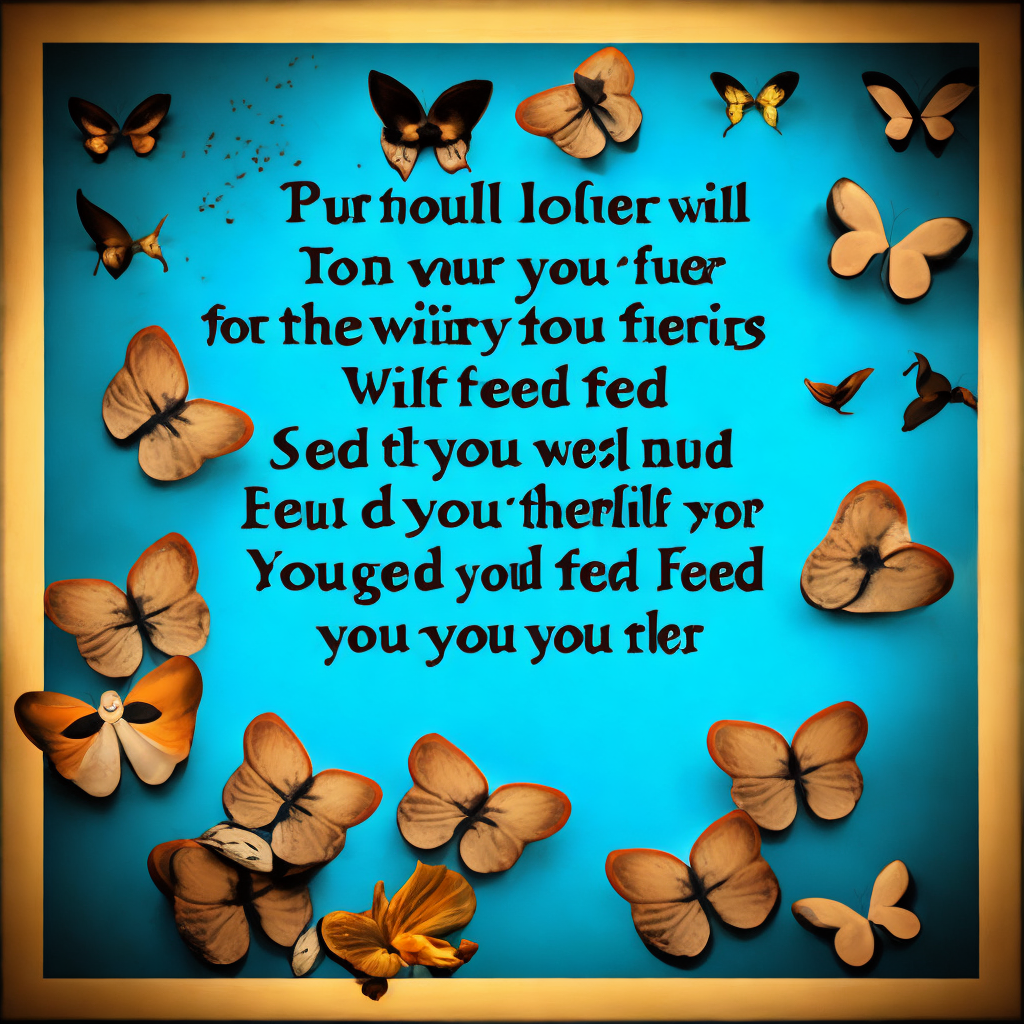 Put your only lover on the floor 
leaving all the worries out the door
Don’t feed them
Don’t feed them

Hang your all desires on the wall 
you will soon discover what they’re for
Might feed them 
Might feed them 

cherish all the butterflies in you 
they will only help you to get through 
might feed them 
might feed them