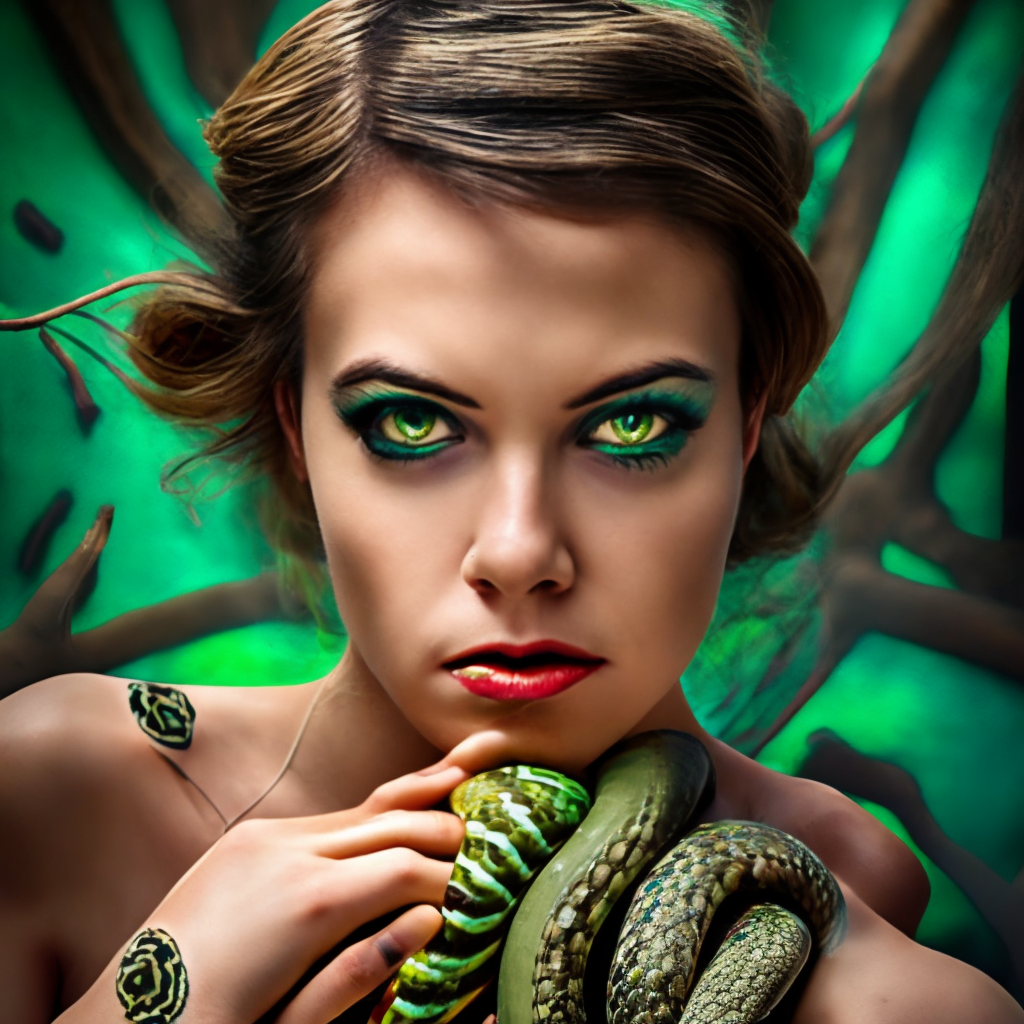 A beautiful girl with bright green eyes who has snakes instead of hair