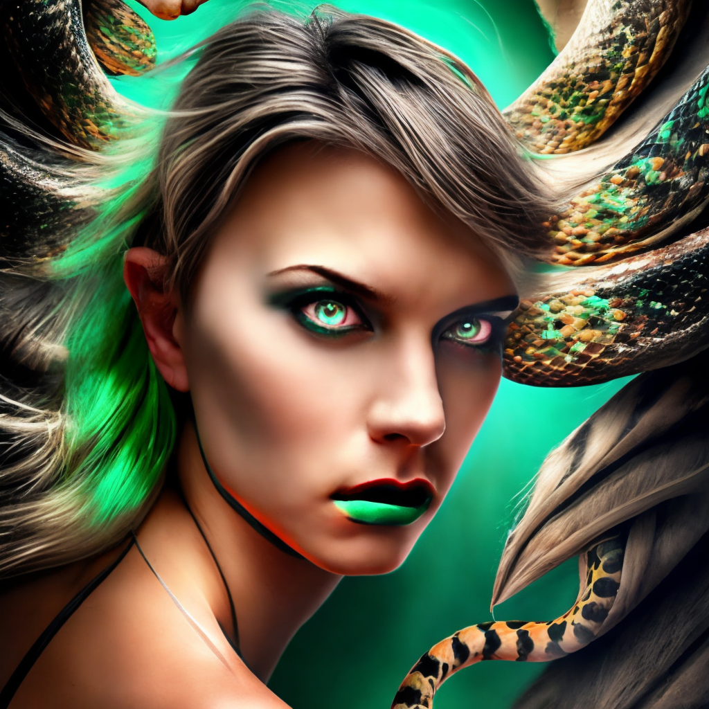 A beautiful girl with bright green eyes who has snakes instead of hair
