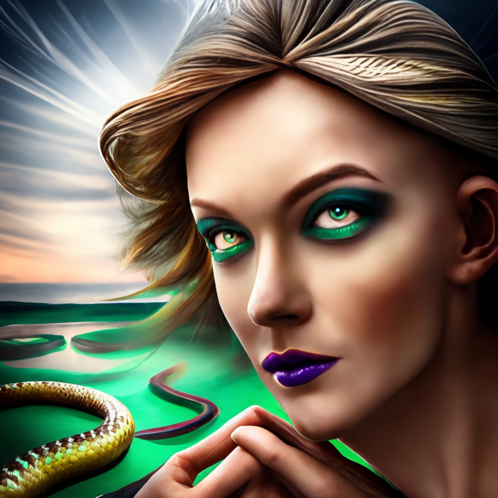 A beautiful girl with bright green eyes who has snakes instead of hair