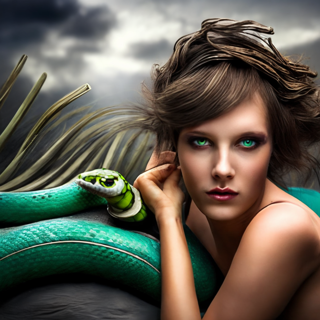 A beautiful girl with bright green eyes who has snakes instead of hair