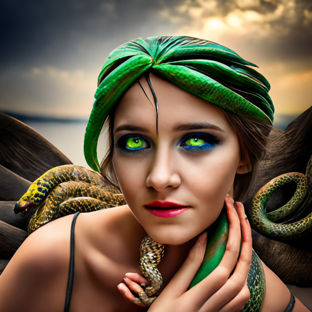 A beautiful girl with bright green eyes who has snakes on her head