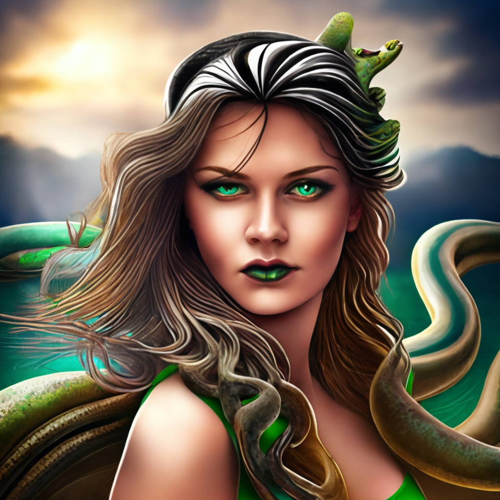 A beautiful girl with bright green eyes who has snakes on her head