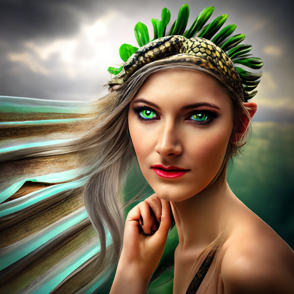 A beautiful girl with bright green eyes who has snakes on her head